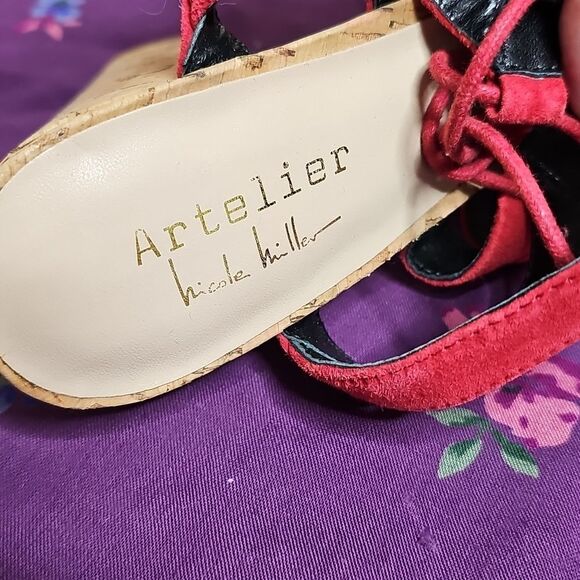 NEW Nicole Miller Artelier 8.5 Tate Red Lace Up Suede Strappy Heels Cork - Picture 6 of 10